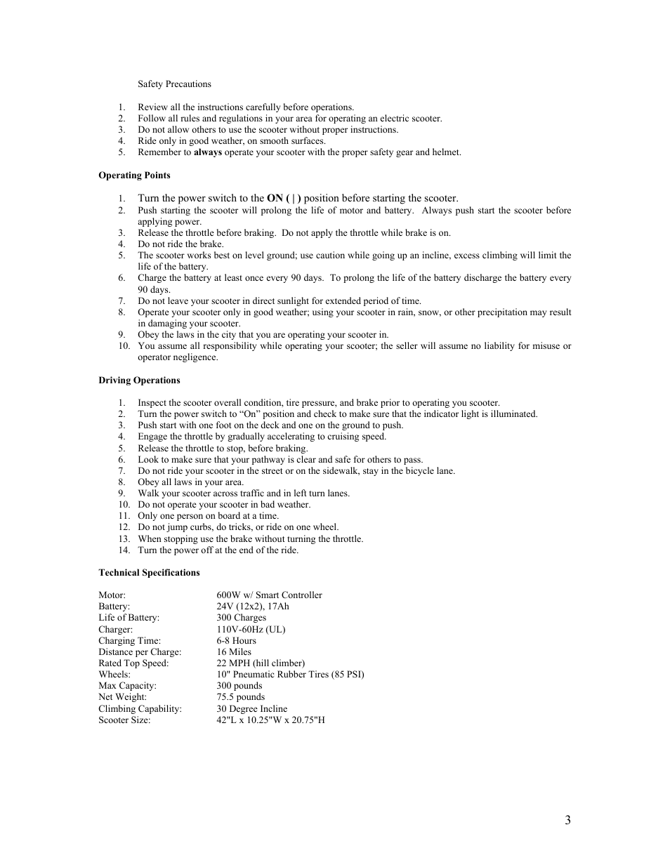 Operating points, Driving operations, Technical specifications | Tiger Shark User Manual | Page 3 / 17