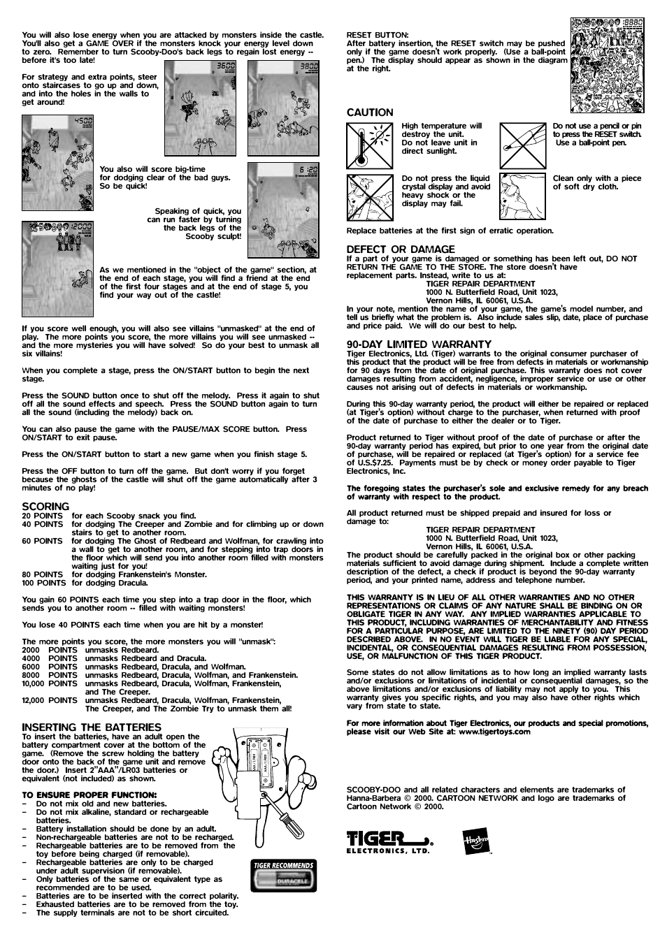 Scoring, Inserting the batteries, Caution | Defect or damage, Day limited warranty | Tiger Scooby-Doo 67785 User Manual | Page 2 / 2