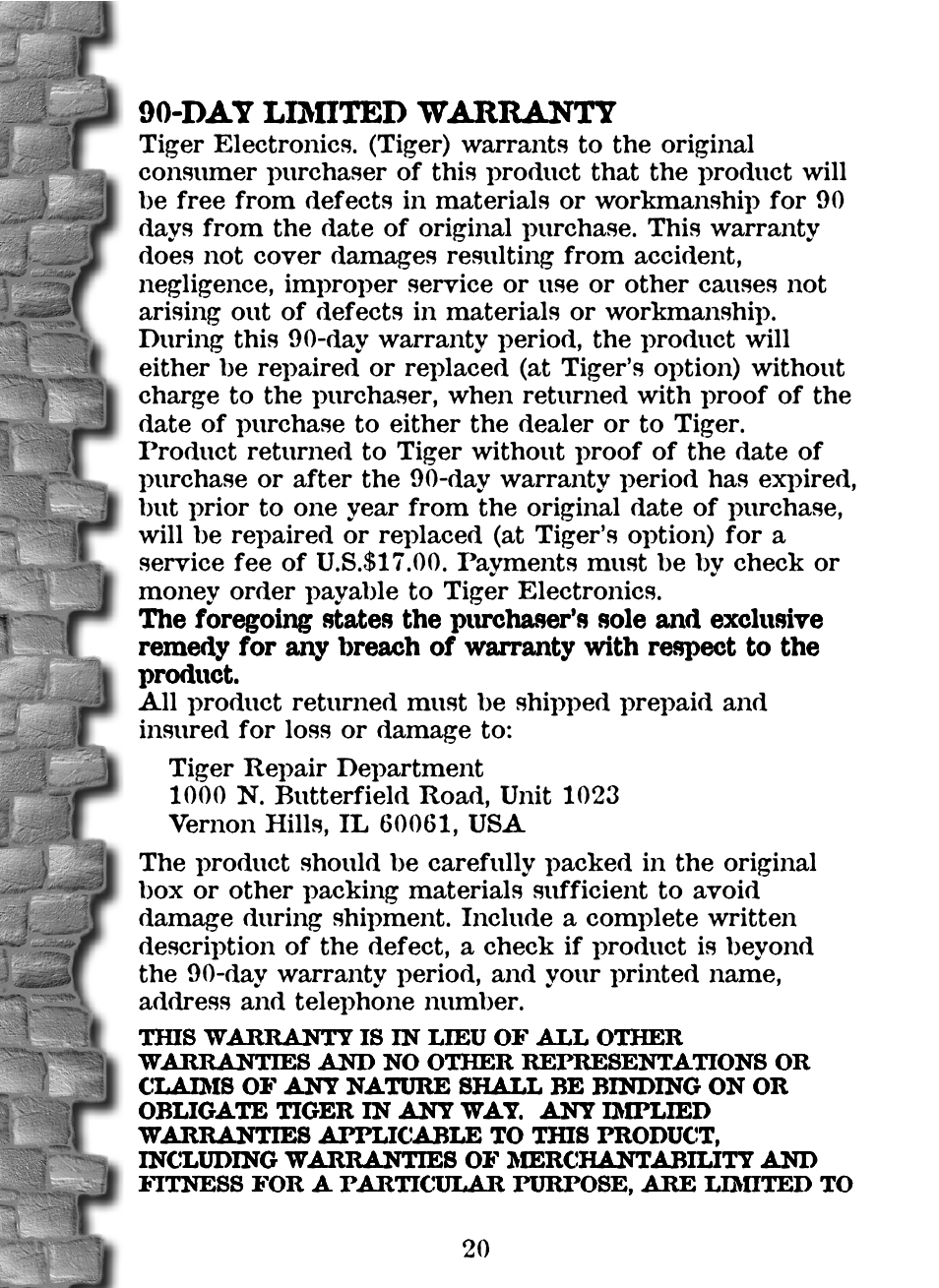 Day limited warranty | Tiger Wizards Apprentice 36284 User Manual | Page 21 / 23
