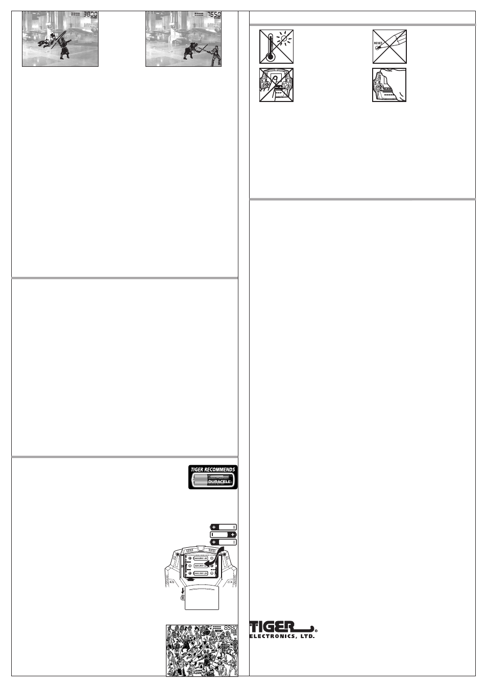 Inserting the batteries, Caution/defect or damage, 90-day limited warranty | Scoring | Tiger Star Wars Jedi Hunt 88-002 User Manual | Page 2 / 2