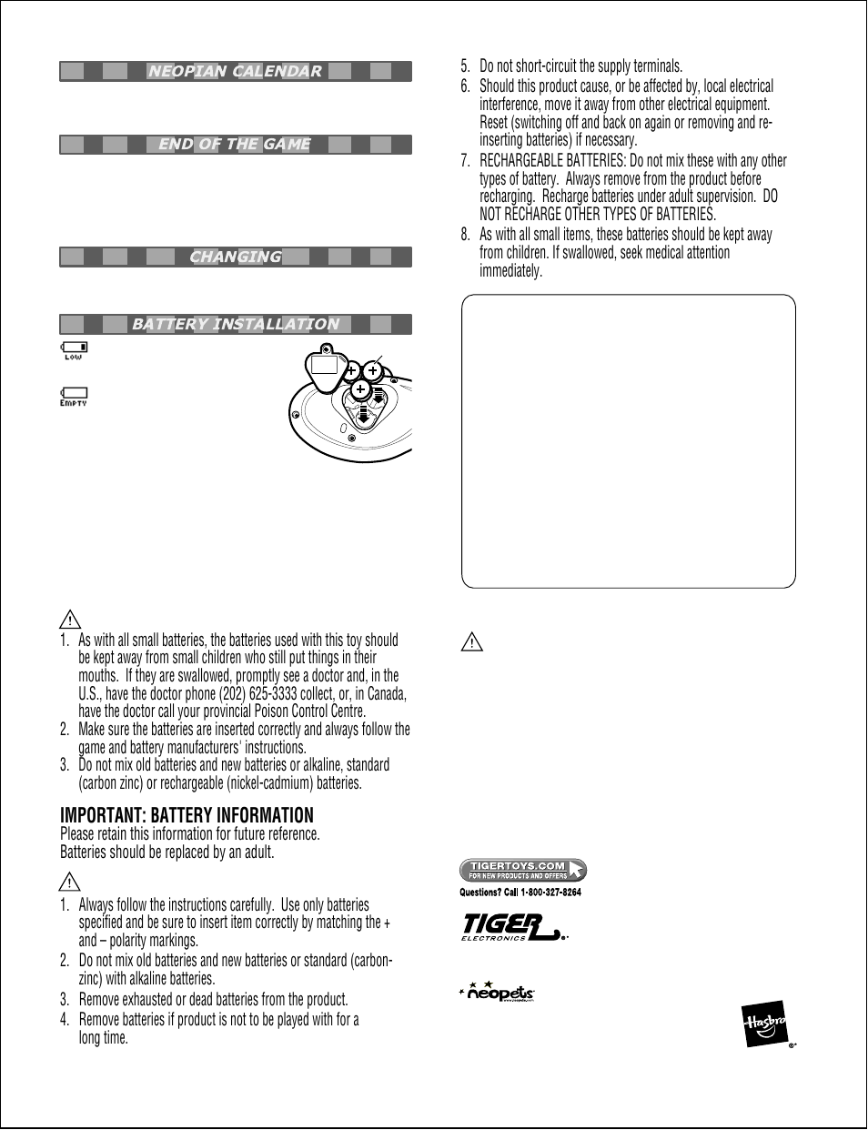 Caution, Important: battery information | Tiger Neopets 6247160200 User Manual | Page 3 / 3