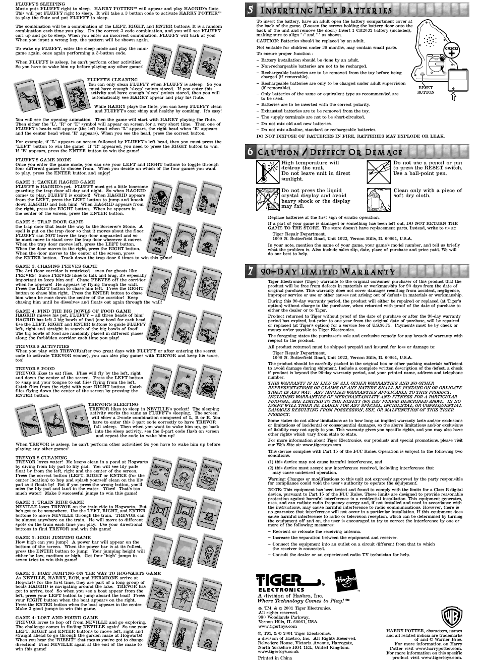 Inserting the batteries, Caution / deffect or demage, Day limited warranty | Tiger E-Pals Fluffy 36293 User Manual | Page 2 / 2