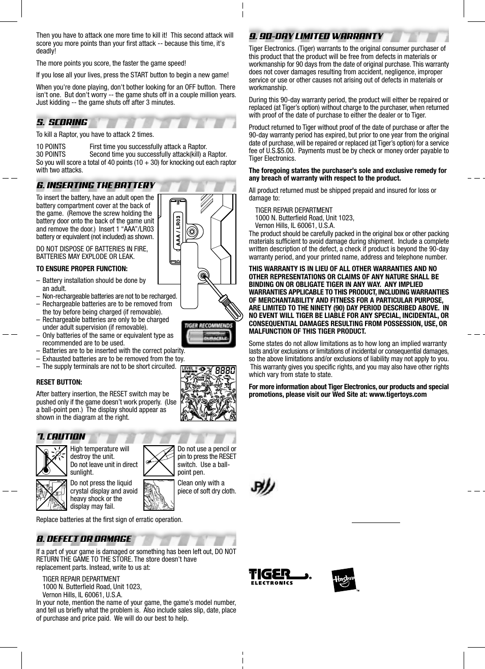 Scoring, Inserting the battery, Caution | Defect or damage, 90-day limited warranty | Tiger Jurassic Park T-Rex User Manual | Page 2 / 2