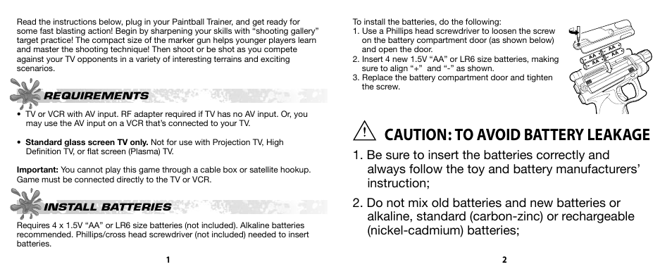 Caution: to avoid battery leakage | Tiger Mission Paintball Trainer 42792 User Manual | Page 2 / 11