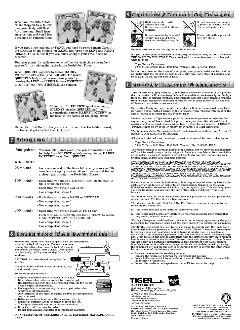 Scoring, Inserting the batteries, Caution / deffect or demage | Day limited warranty | Tiger Mini Action Game Hagrid 36287 User Manual | Page 2 / 2
