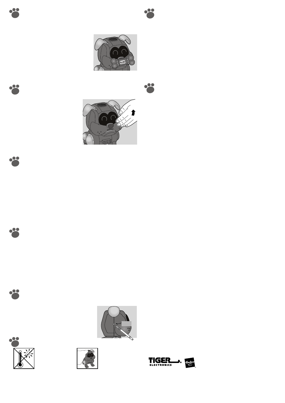 Your poo-chi friend’s bone, Listen to a song, Sleeping | Communicating with other robo-chi™ pets, Reset, Troubleshooting, Day limited warranty, Cleaning instructions | Tiger Poo-Chi Bulldog User Manual | Page 2 / 2