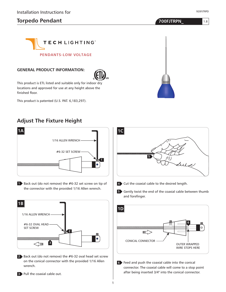 Tech Lighting 700FJTRPN_ User Manual | 4 pages