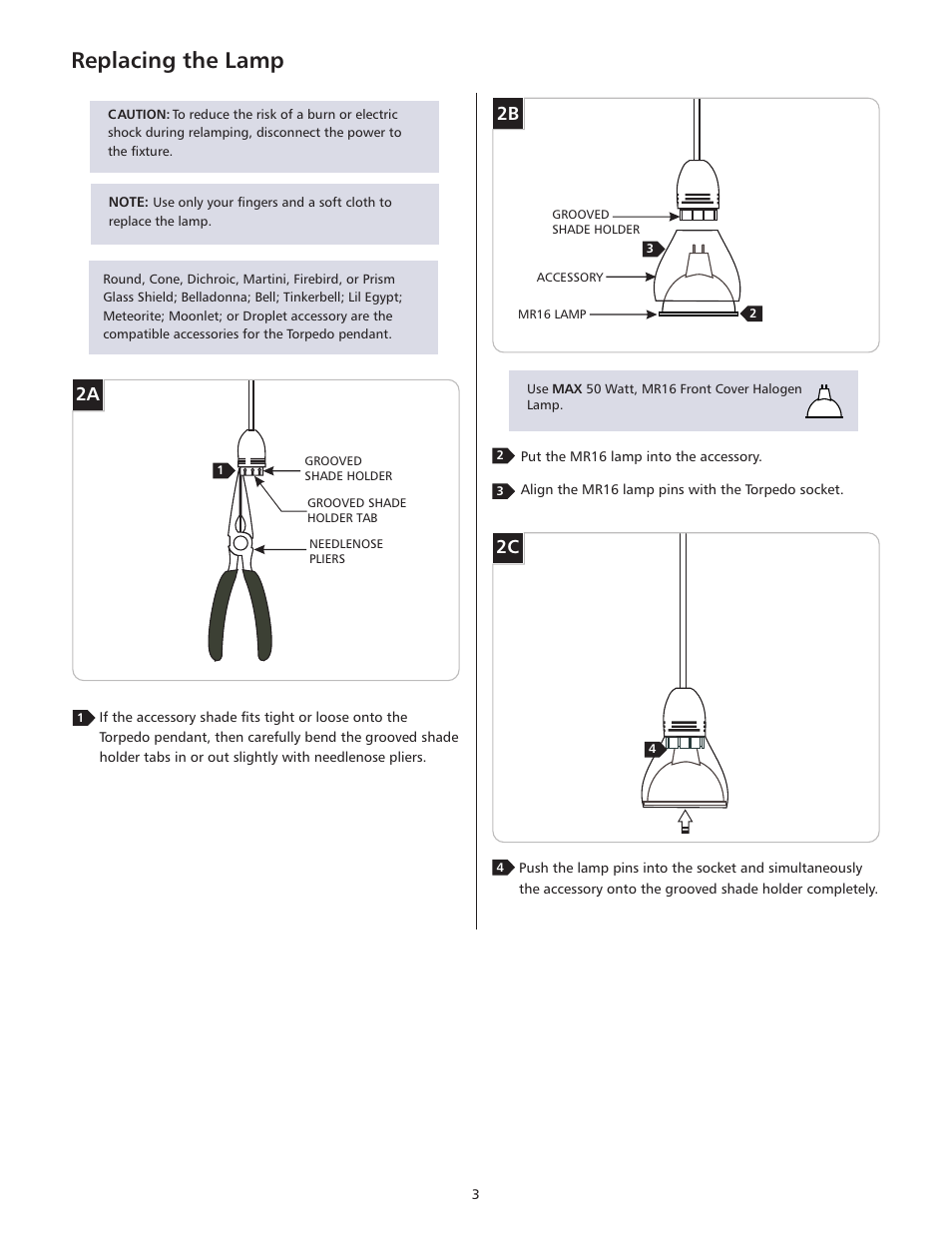 Replacing the lamp, 2a 2c | Tech Lighting 700FJTRPN_ User Manual | Page 3 / 4