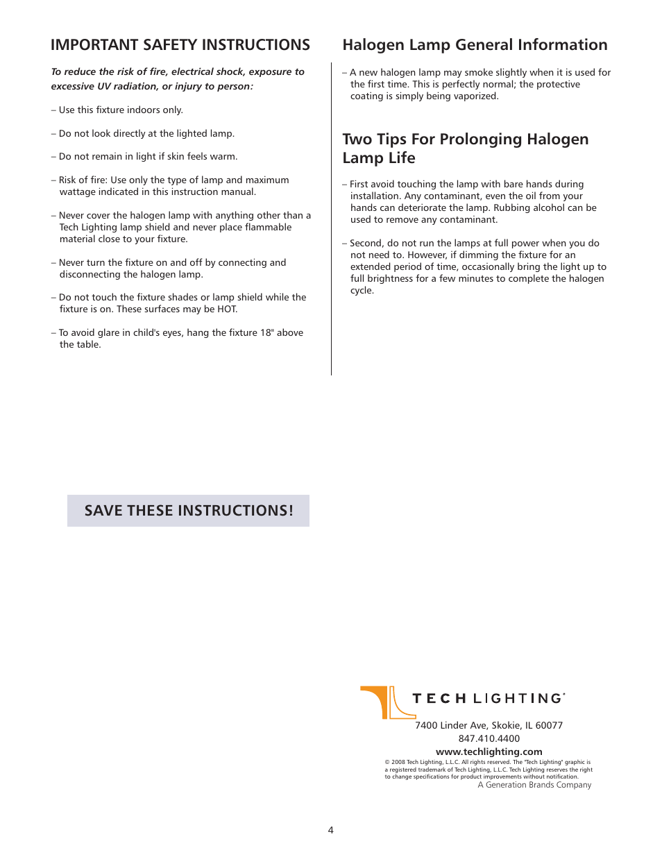 Important safety instructions, Halogen lamp general information, Two tips for prolonging halogen lamp life | Save these instructions | Tech Lighting 700FJTRPN_ User Manual | Page 4 / 4