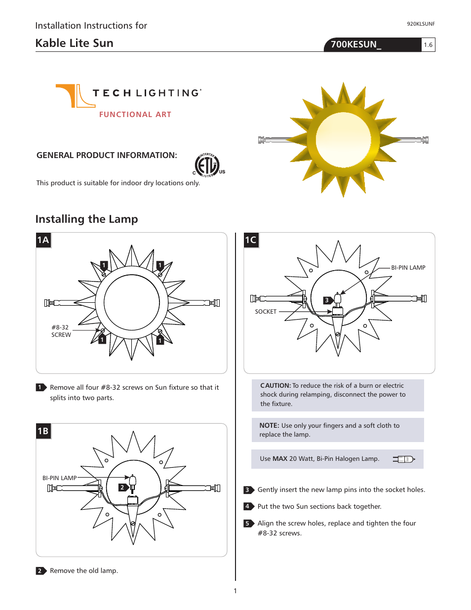 Tech Lighting 700KESUN User Manual | 2 pages