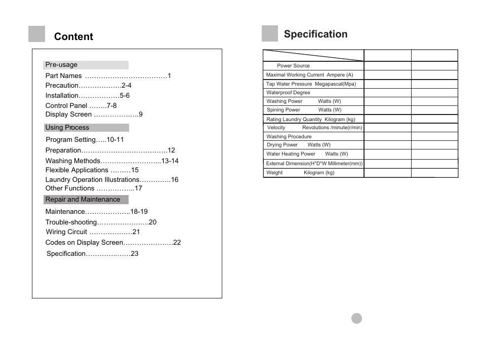 Content, Specification | Teka AUTOMATIC DRUM WASHING MACHINE LSE-1200 S User Manual | Page 2 / 14