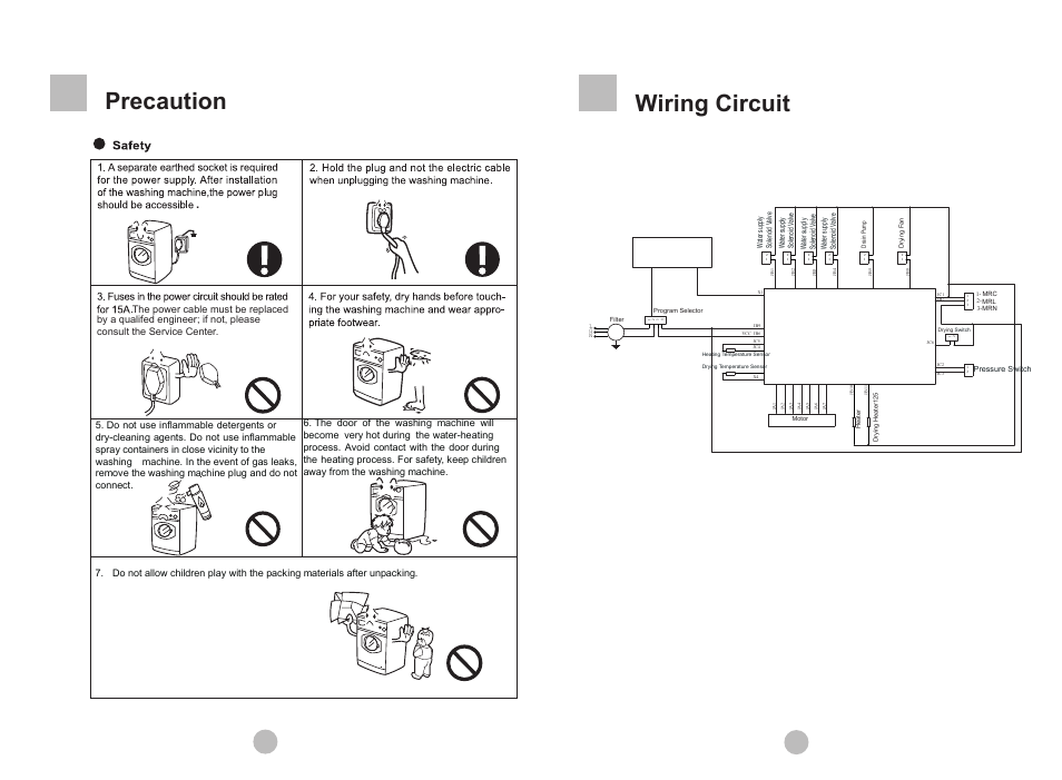 Precaution, Wiring circuit | Teka AUTOMATIC DRUM WASHING MACHINE LSE-1200 S User Manual | Page 4 / 14