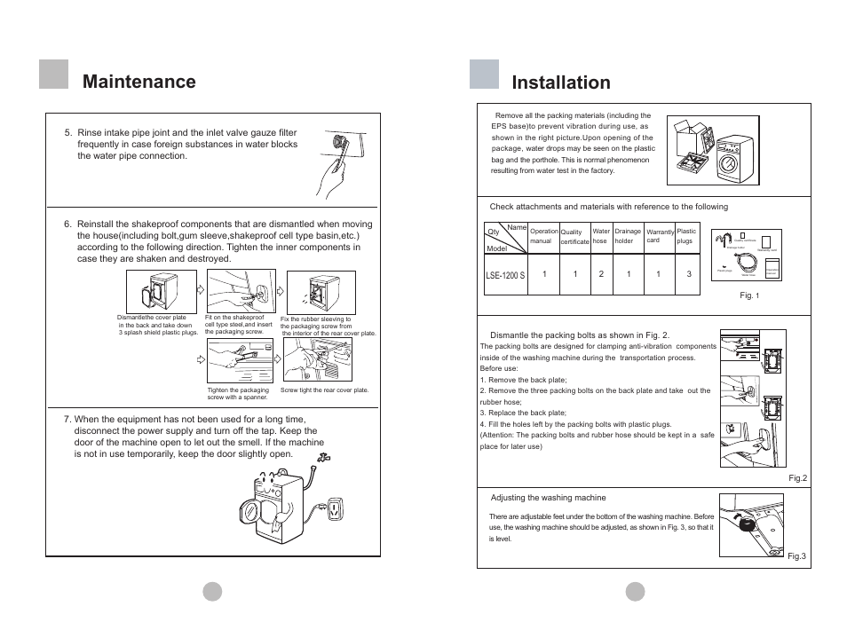 Maintenance, Installation | Teka AUTOMATIC DRUM WASHING MACHINE LSE-1200 S User Manual | Page 7 / 14