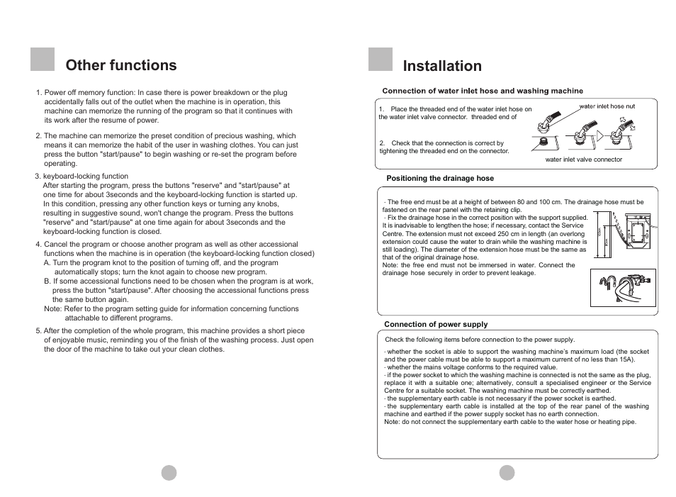 Other functions, Installation | Teka AUTOMATIC DRUM WASHING MACHINE LSE-1200 S User Manual | Page 9 / 14