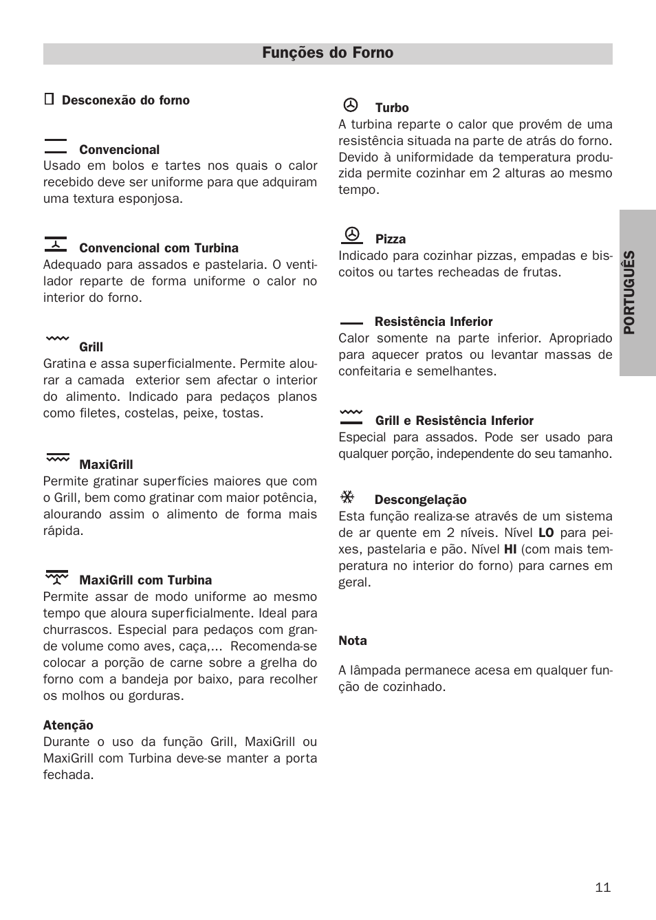 Funções do forno | Teka HX-760 E User Manual | Page 11 / 73