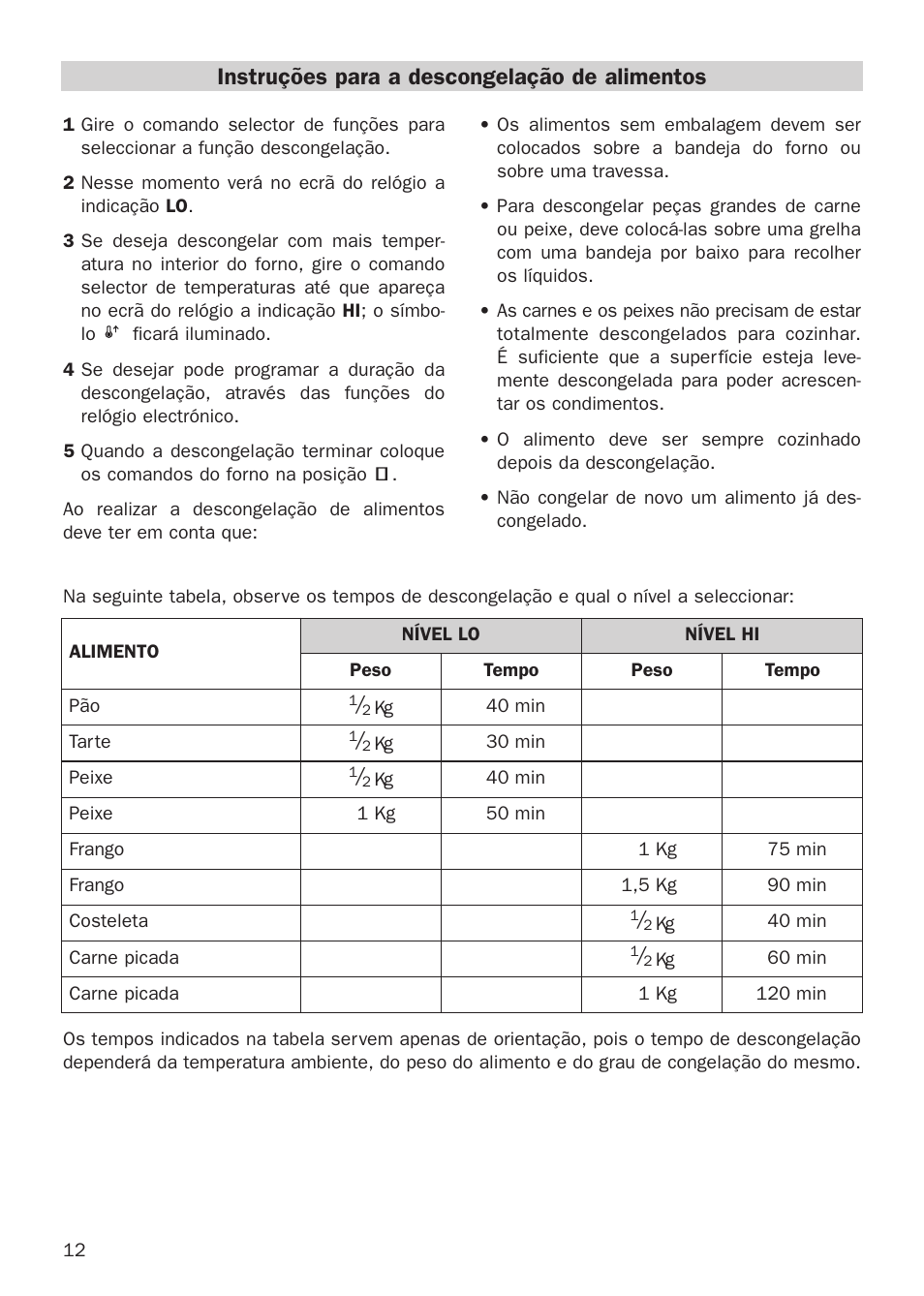 Instruções para a descongelação de alimentos | Teka HX-760 E User Manual | Page 12 / 73