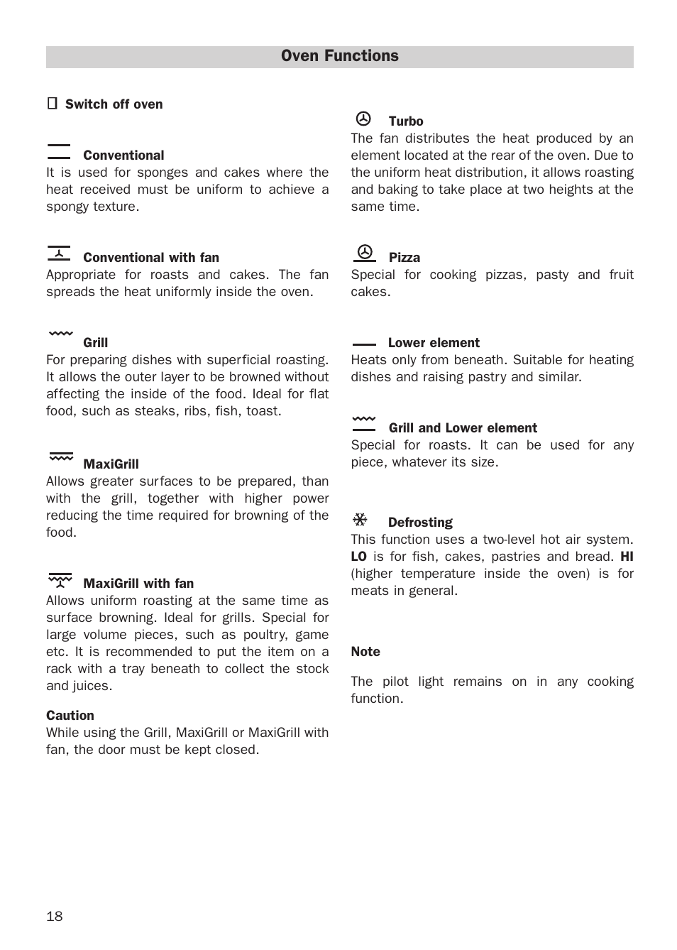 Oven functions | Teka HX-760 E User Manual | Page 18 / 73