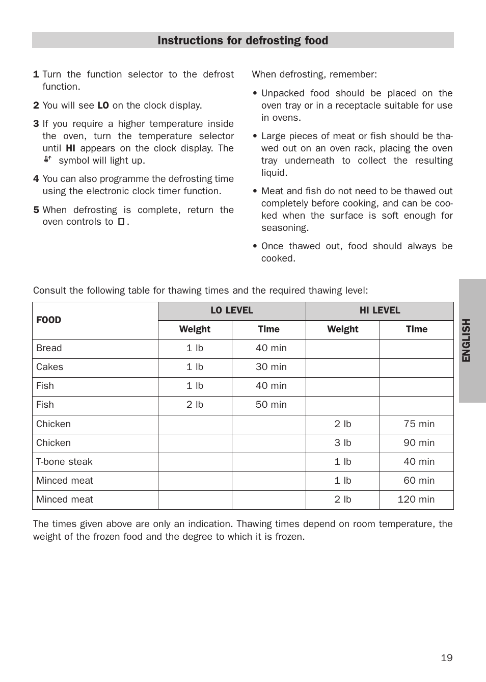 Instructions for defrosting food | Teka HX-760 E User Manual | Page 19 / 73