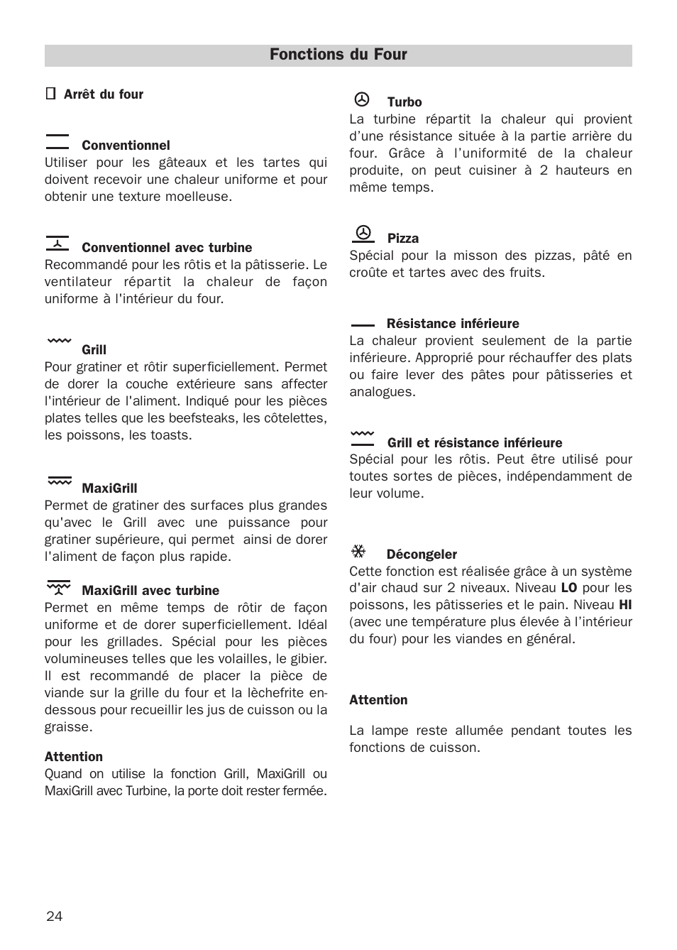 Fonctions du four | Teka HX-760 E User Manual | Page 24 / 73