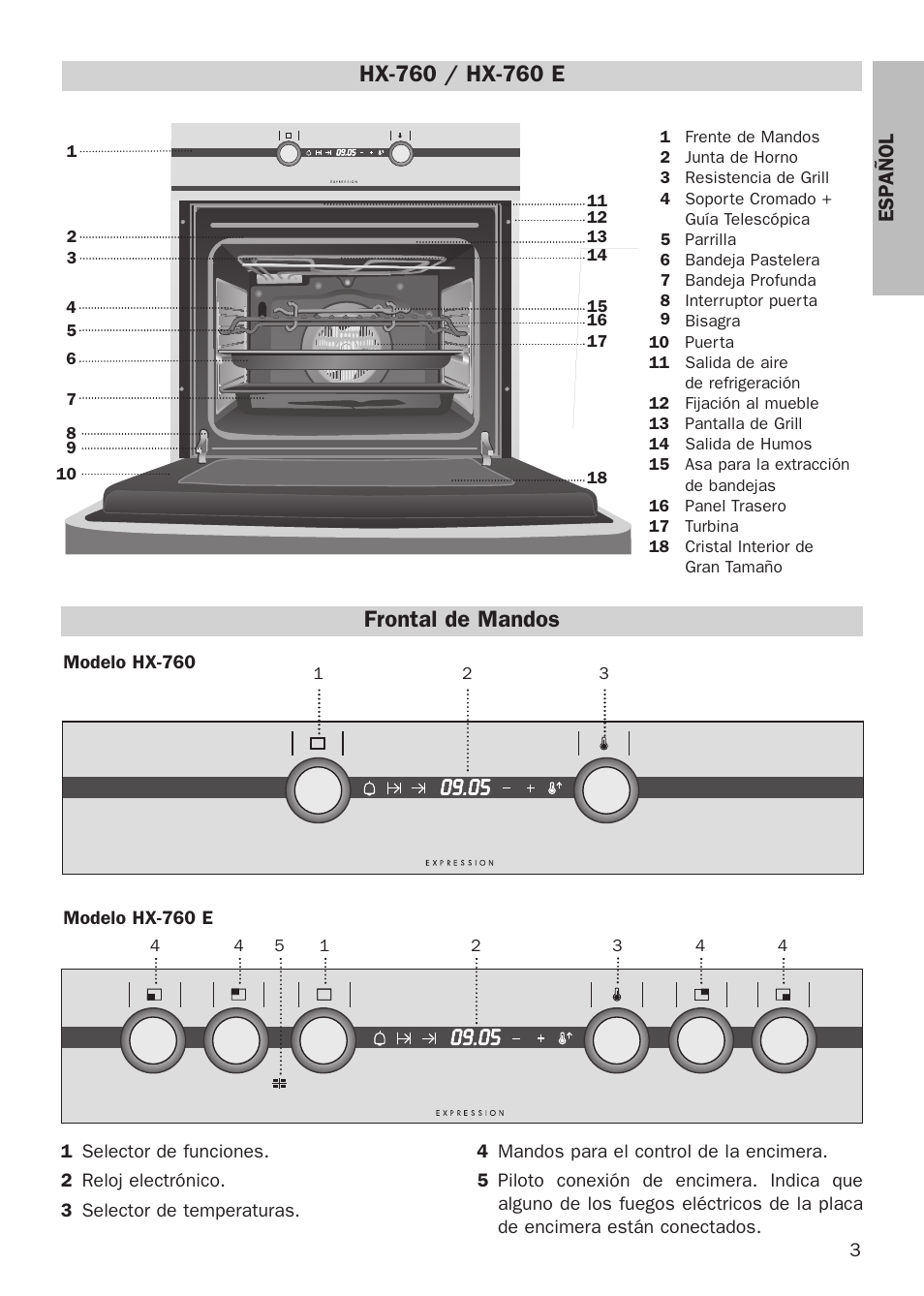 Frontal de mandos, Esp añol | Teka HX-760 E User Manual | Page 3 / 73