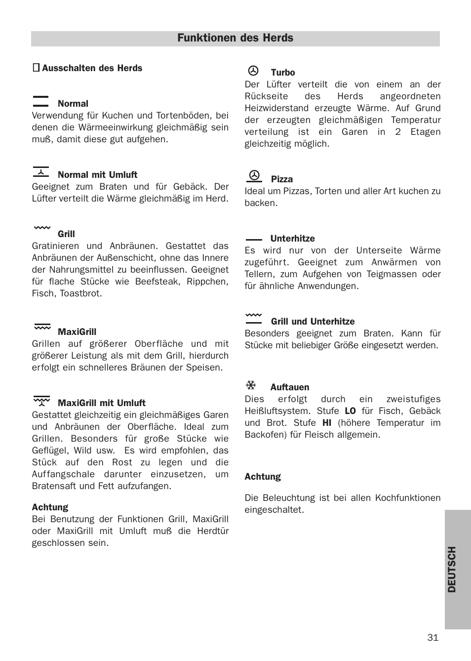 Funktionen des herds | Teka HX-760 E User Manual | Page 31 / 73