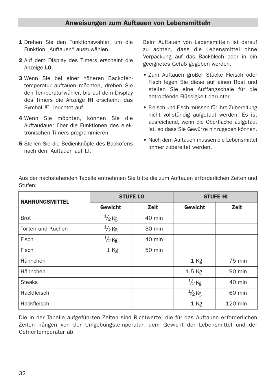 Anweisungen zum auftauen von lebensmitteln | Teka HX-760 E User Manual | Page 32 / 73
