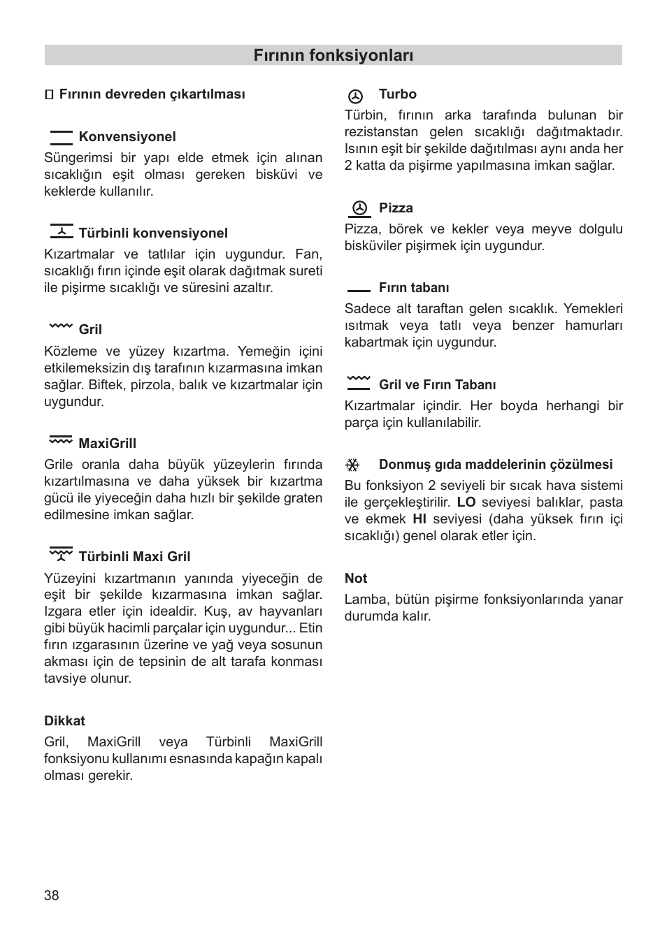 Fırının fonksiyonları | Teka HX-760 E User Manual | Page 38 / 73