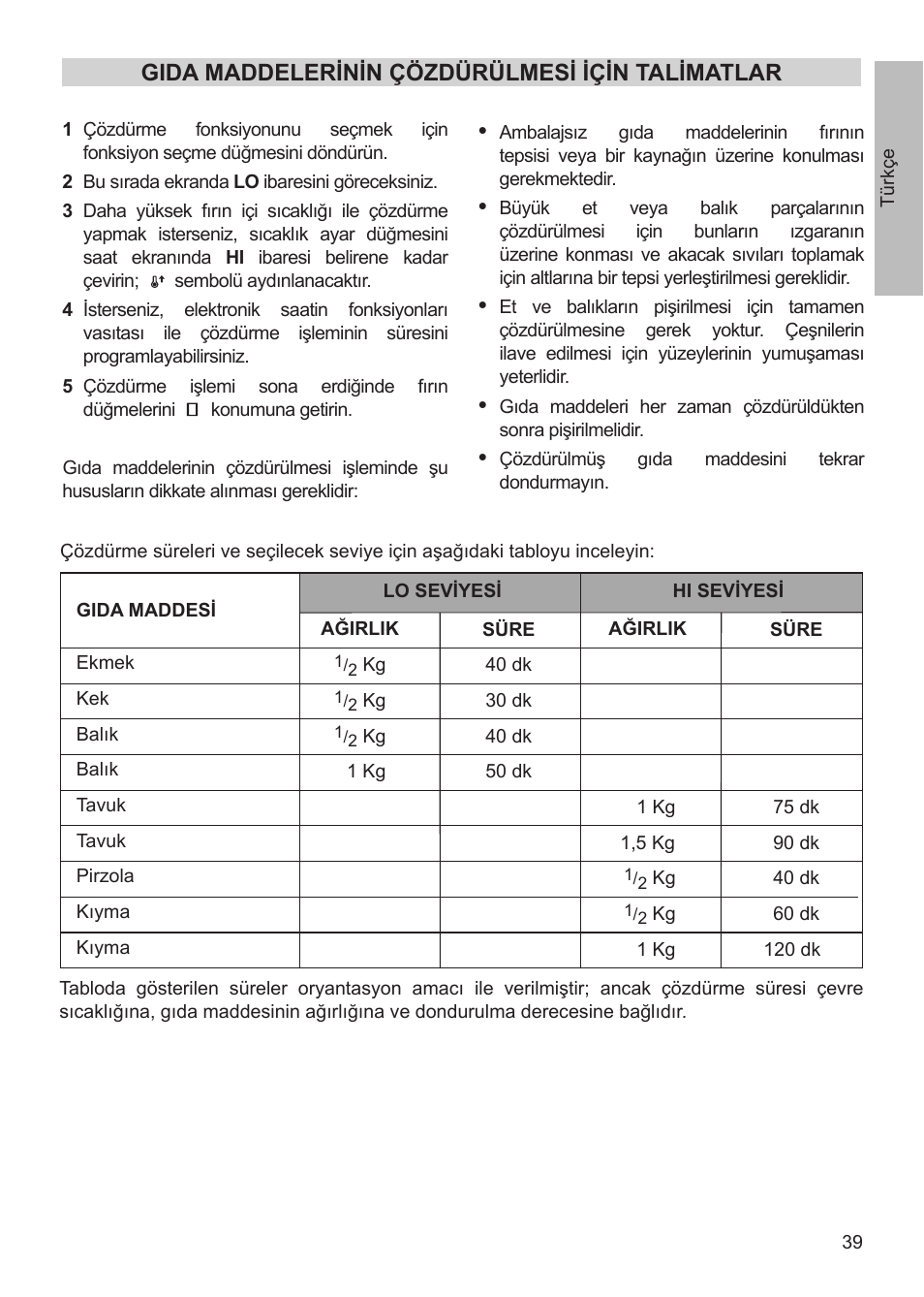 Gida maddelerinin çözdürülmesi için talimatlar | Teka HX-760 E User Manual | Page 39 / 73