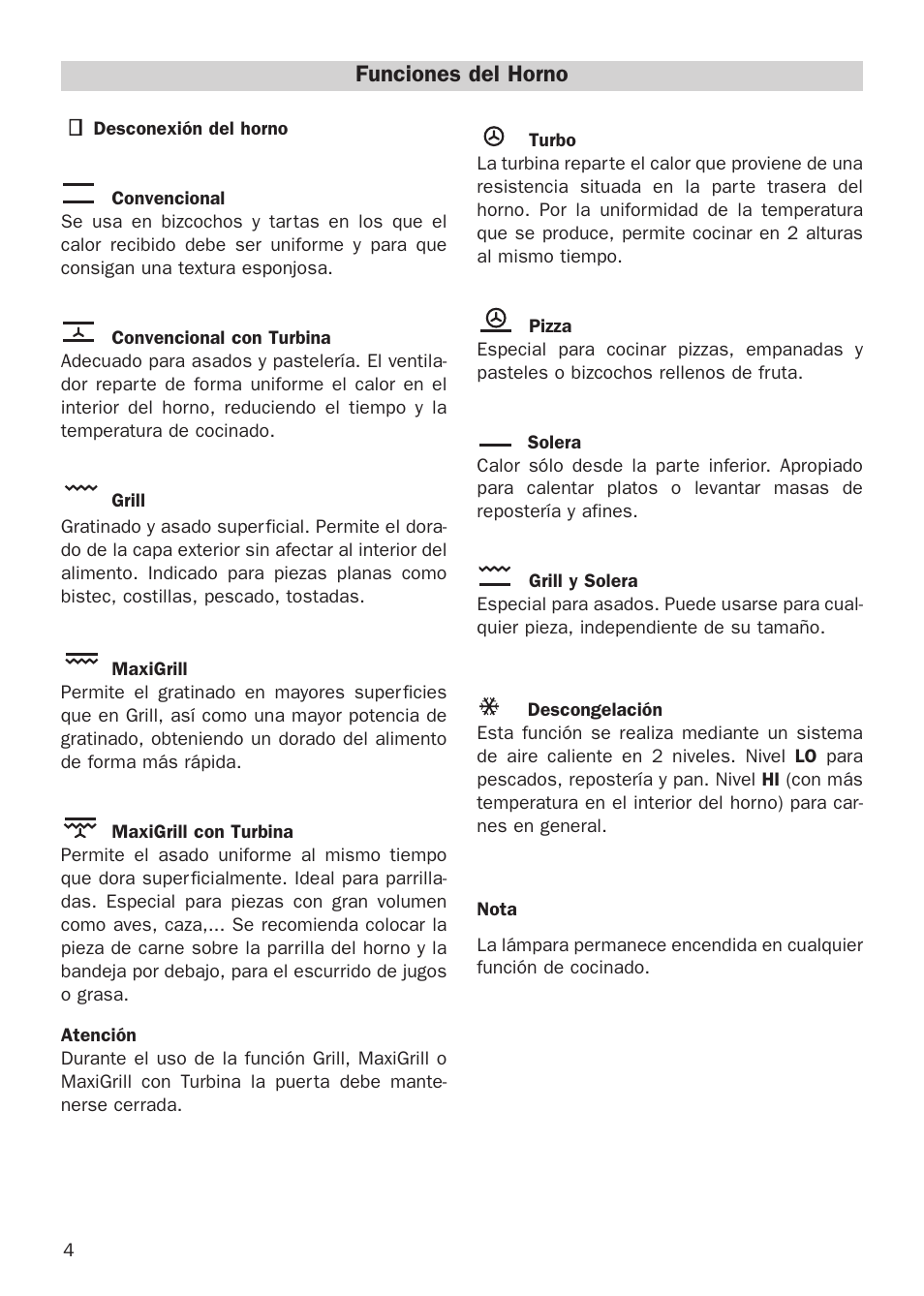 Funciones del horno | Teka HX-760 E User Manual | Page 4 / 73