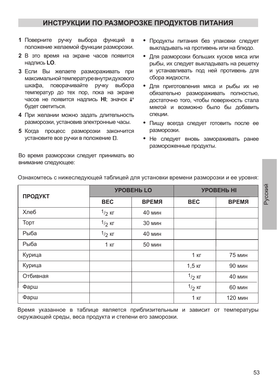 Инструкции по разморозке продуктов питания | Teka HX-760 E User Manual | Page 53 / 73
