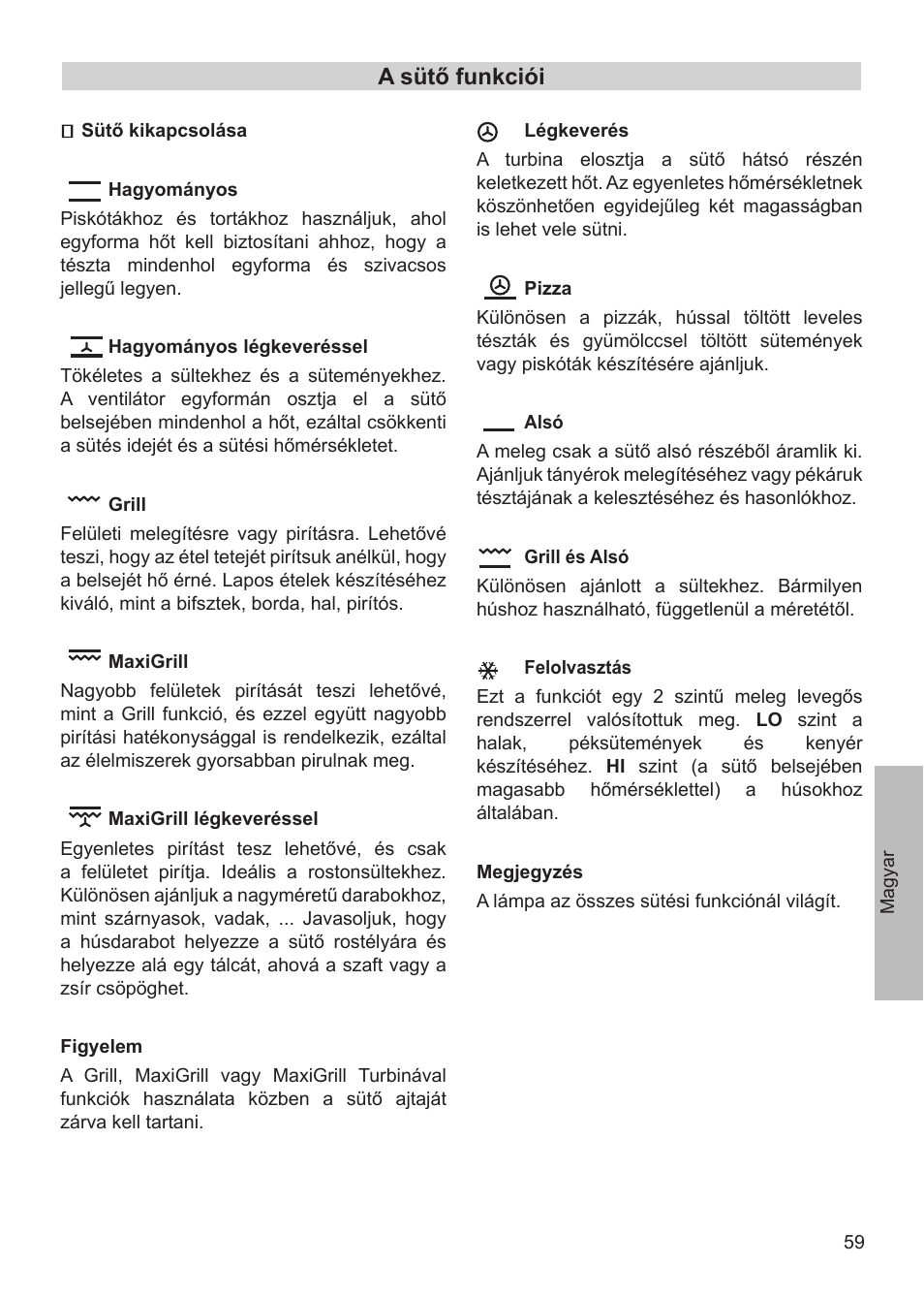 A sütő funkciói | Teka HX-760 E User Manual | Page 59 / 73