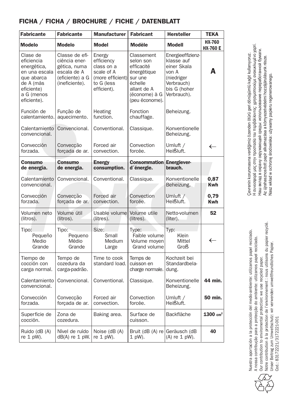 Ficha / ficha / brochure / fiche / datenblatt | Teka HX-760 E User Manual | Page 73 / 73