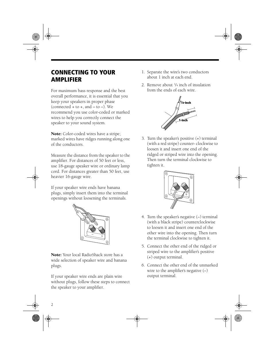 Connecting to your amplifier | Tandy 2-WAY CENTER CHANNEL SPEAKER SYSTEM PRO-CS5II User Manual | Page 2 / 4