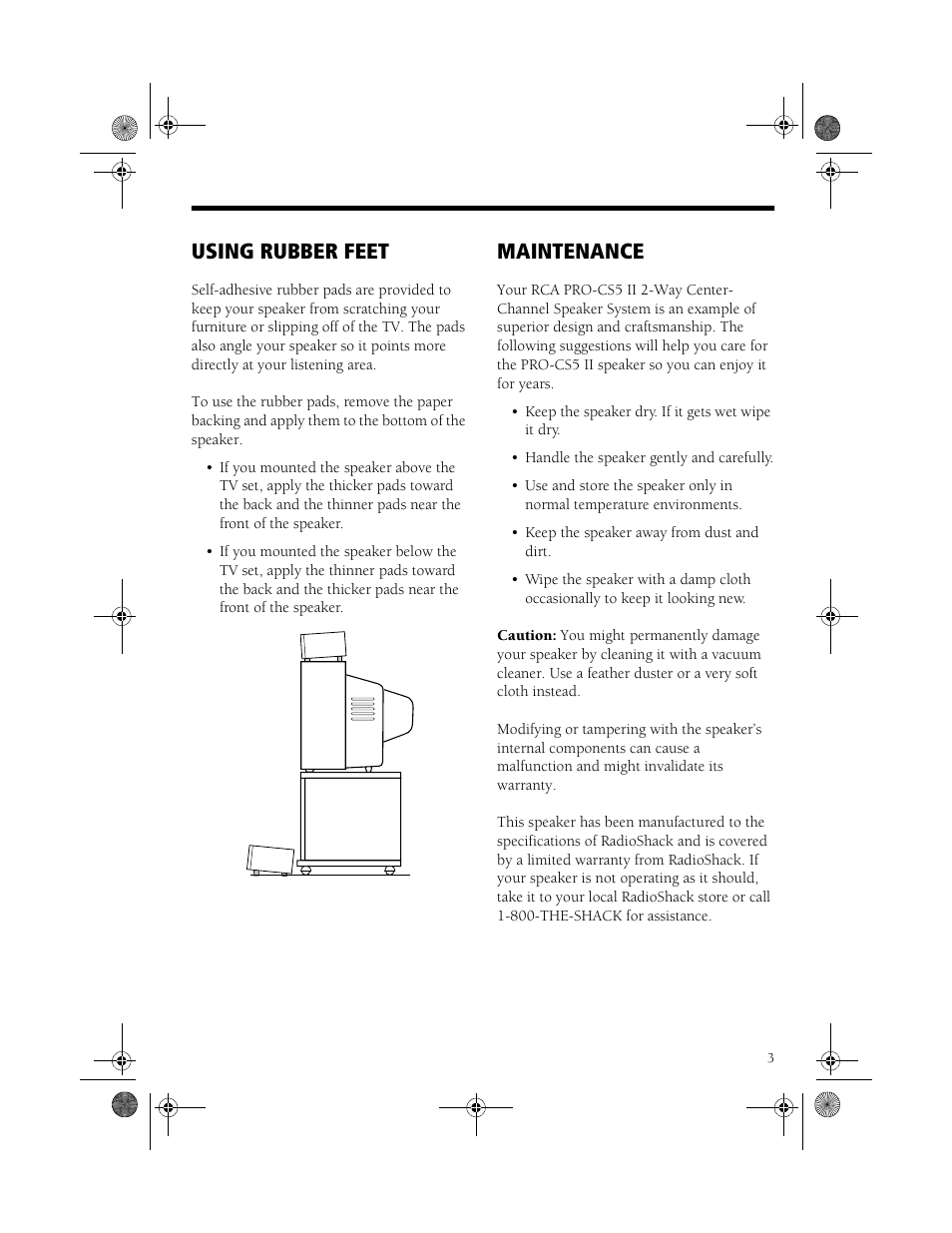 Using rubber feet, Maintenance | Tandy 2-WAY CENTER CHANNEL SPEAKER SYSTEM PRO-CS5II User Manual | Page 3 / 4