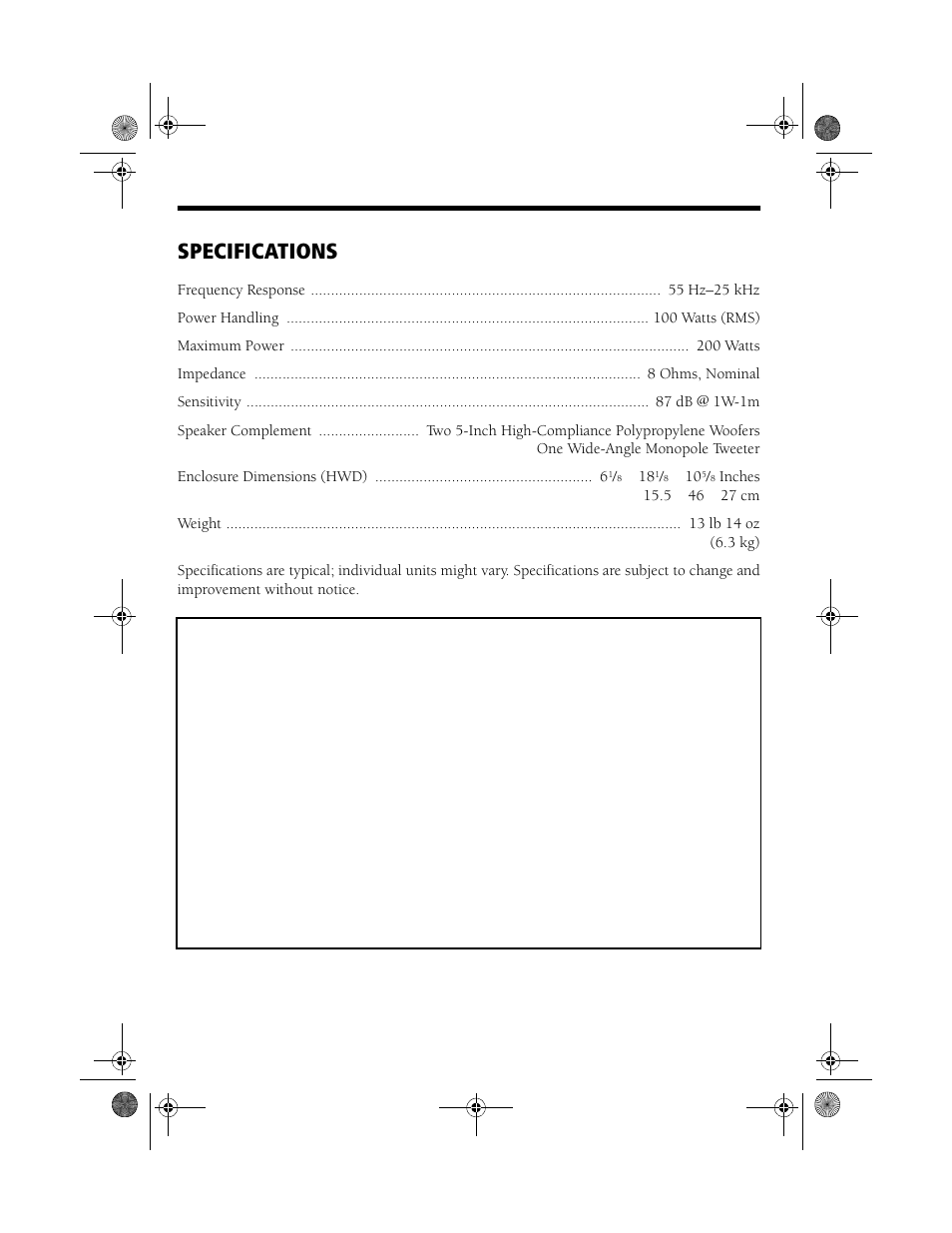 Specifications | Tandy 2-WAY CENTER CHANNEL SPEAKER SYSTEM PRO-CS5II User Manual | Page 4 / 4