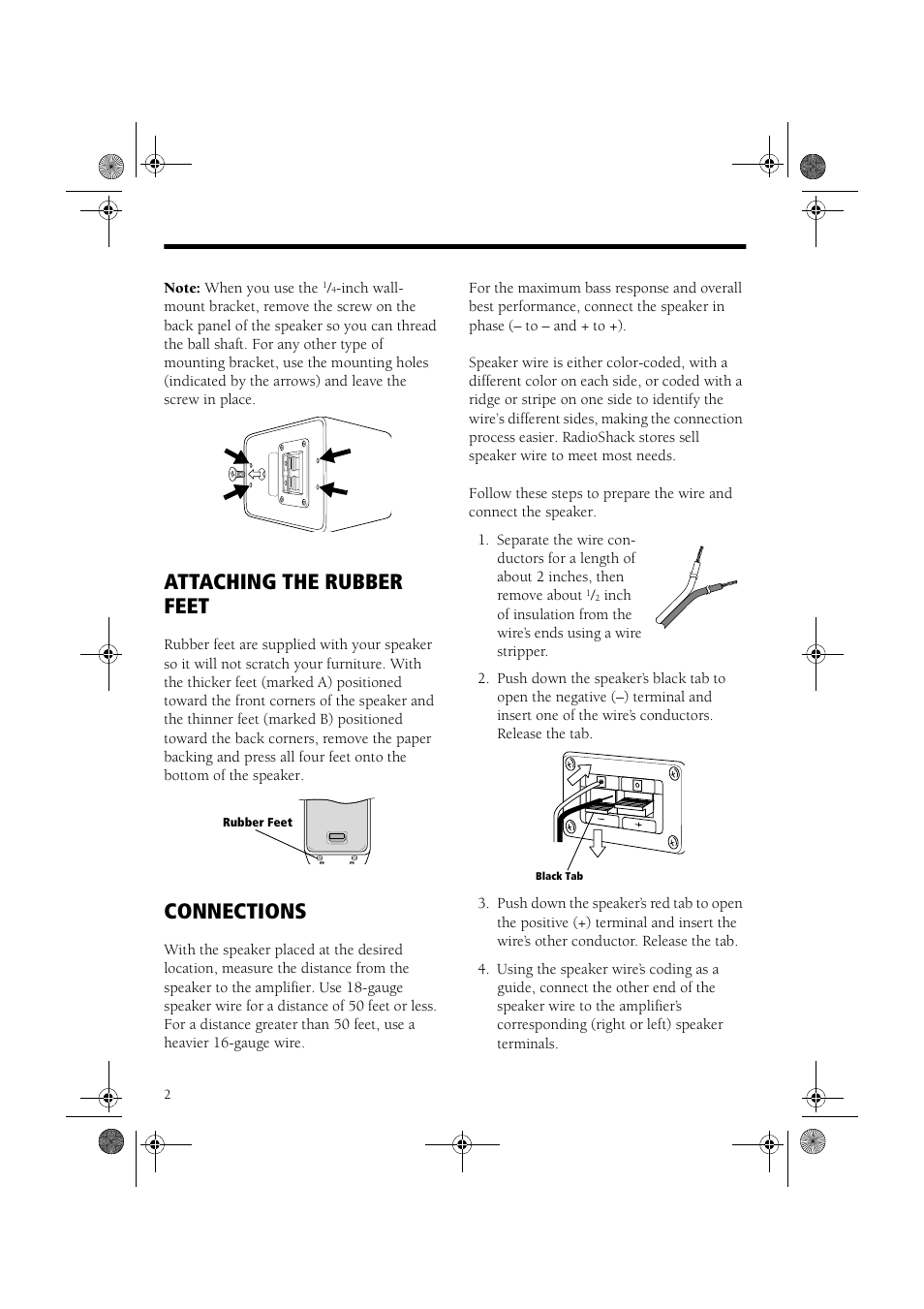 Attaching the rubber feet, Connections | Tandy 2-WAY DIE-CAST PRO-X44AV User Manual | Page 2 / 4