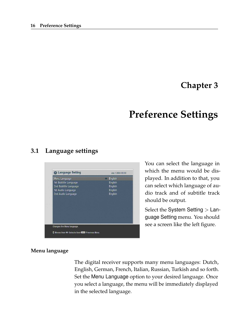 3 preference settings, 1 language settings, Preference settings | Language settings, Chapter 3 | Topfield TF 7720 HSCI User Manual | Page 22 / 68