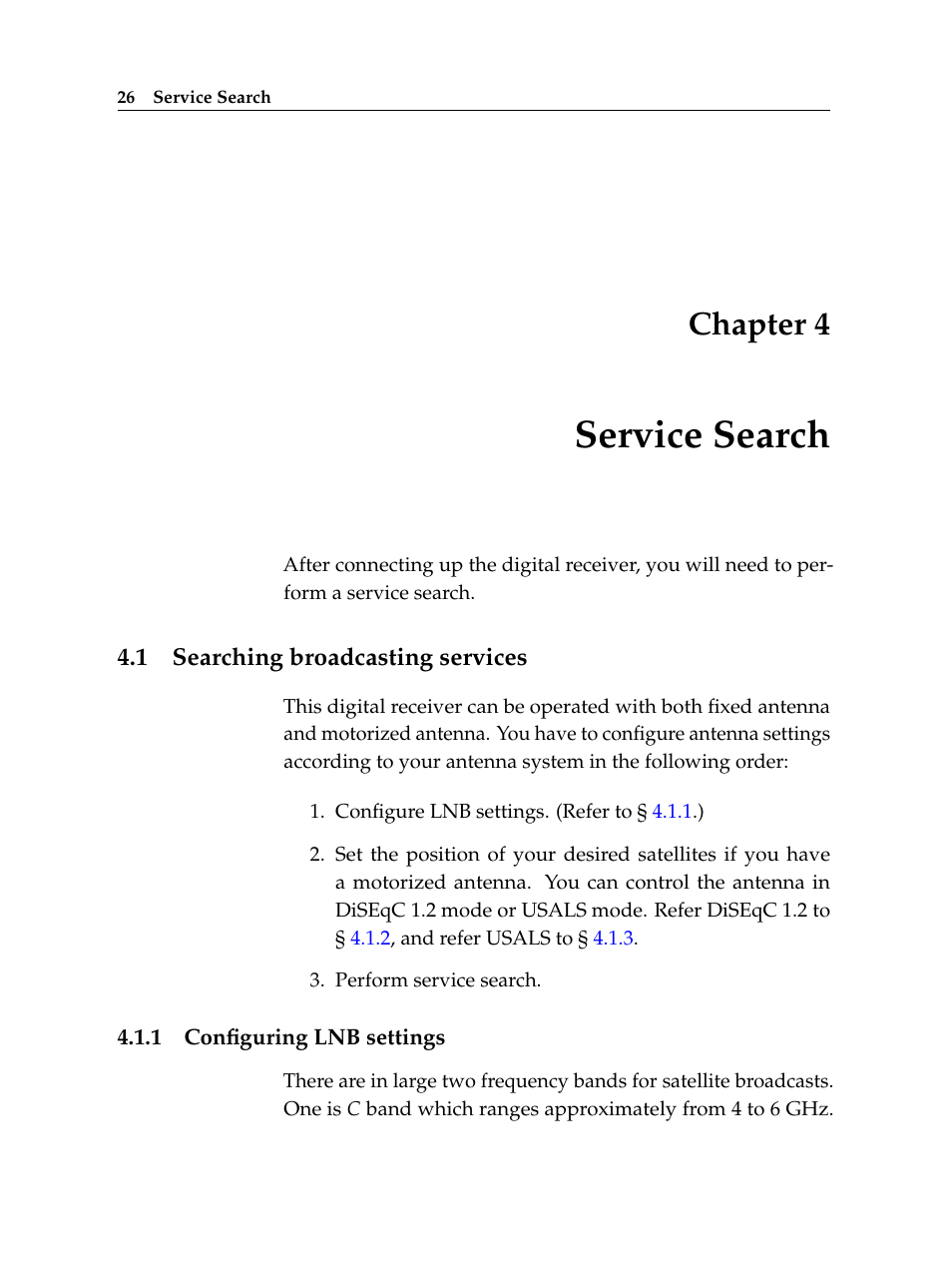 4 service search, 1 searching broadcasting services, 1 configuring lnb settings | Service search, Searching broadcasting services, Configuring lnb settings, Chapter 4 | Topfield TF 7720 HSCI User Manual | Page 32 / 68