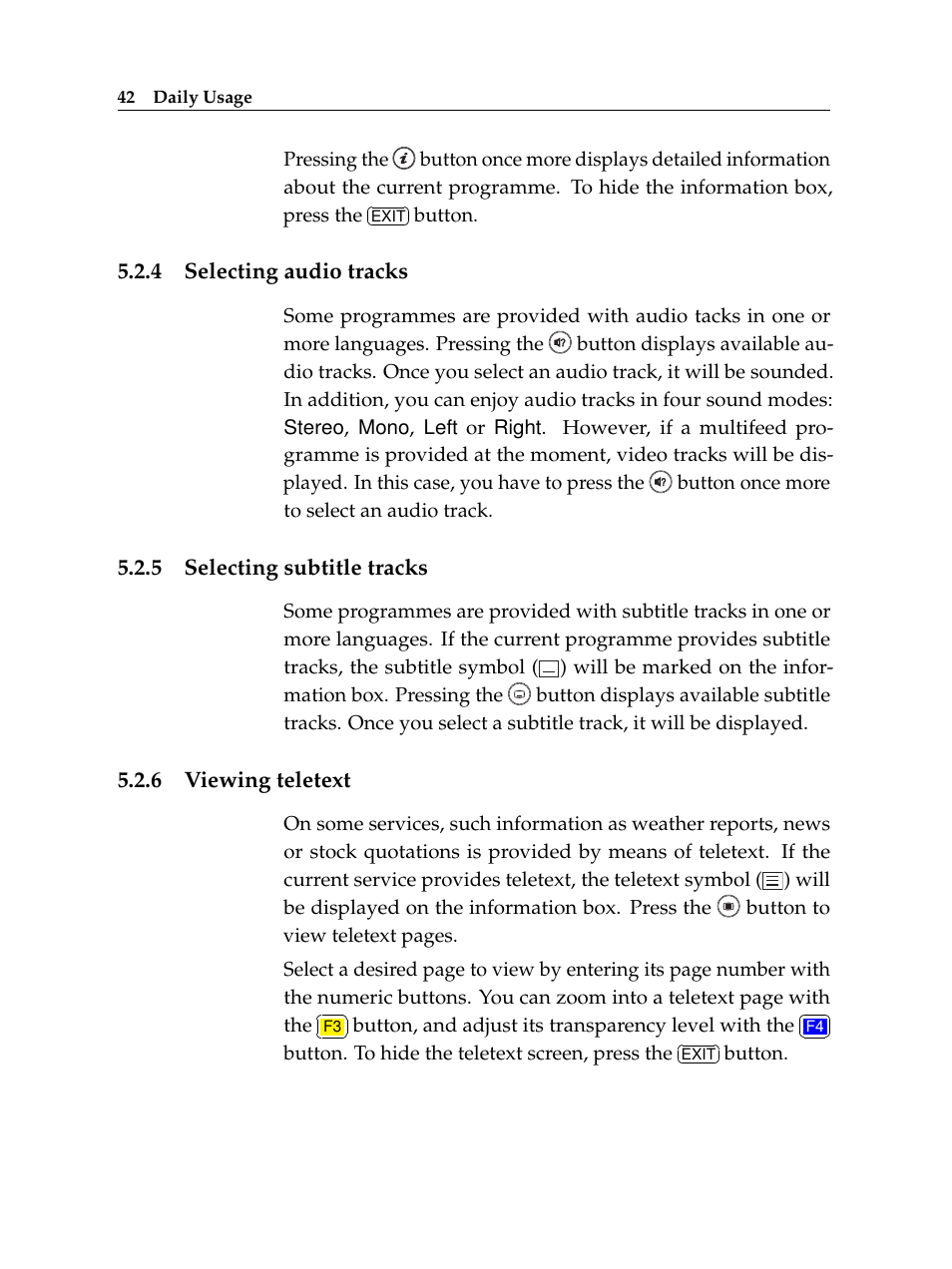 4 selecting audio tracks, 5 selecting subtitle tracks, 6 viewing teletext | Selecting audio tracks, Selecting subtitle tracks, Viewing teletext | Topfield TF 7720 HSCI User Manual | Page 48 / 68