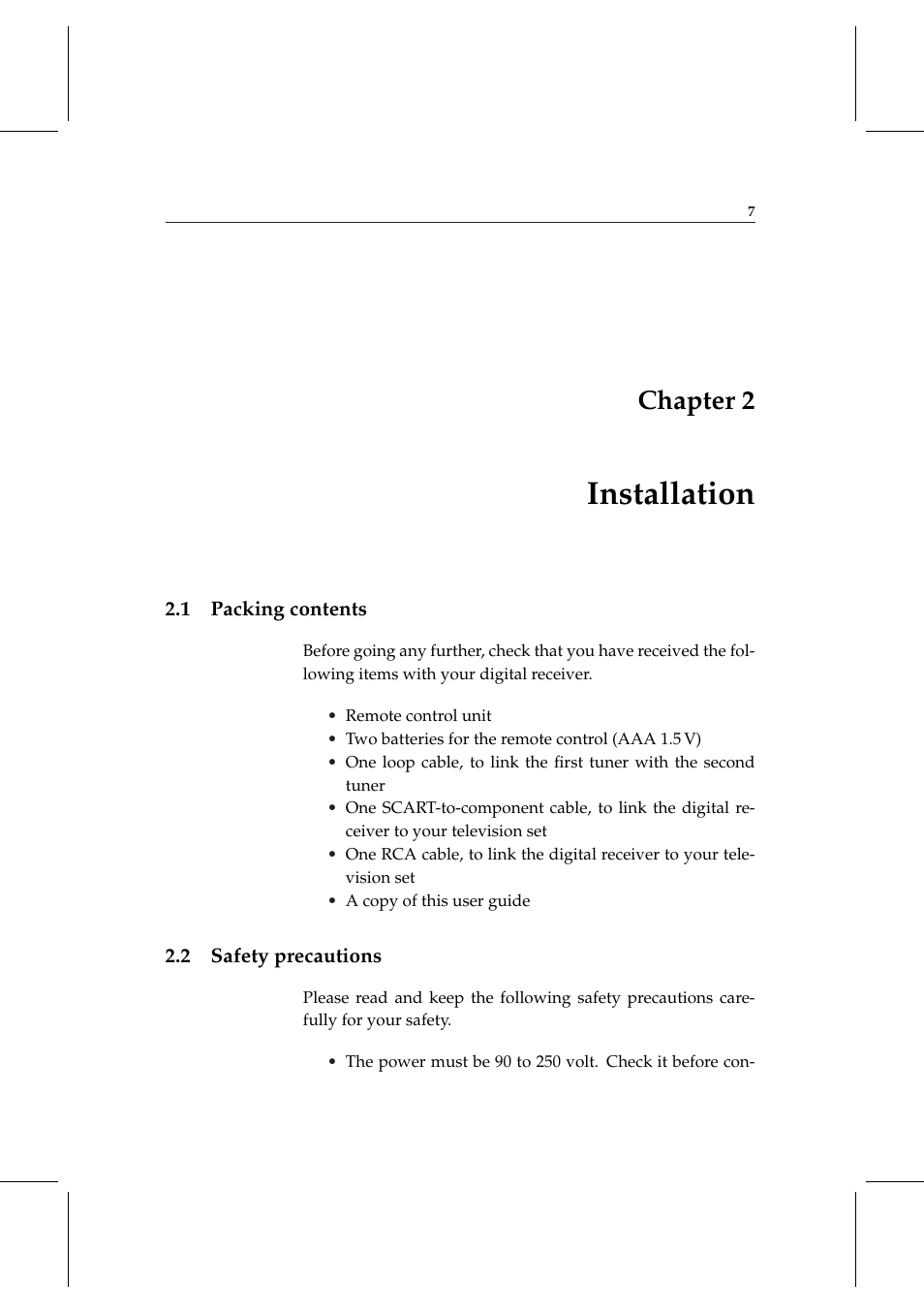 2 installation, 1 packing contents, 2 safety precautions | Installation, Packing contents, Safety precautions, Chapter 2 | Topfield TF 5000 User Manual | Page 15 / 74