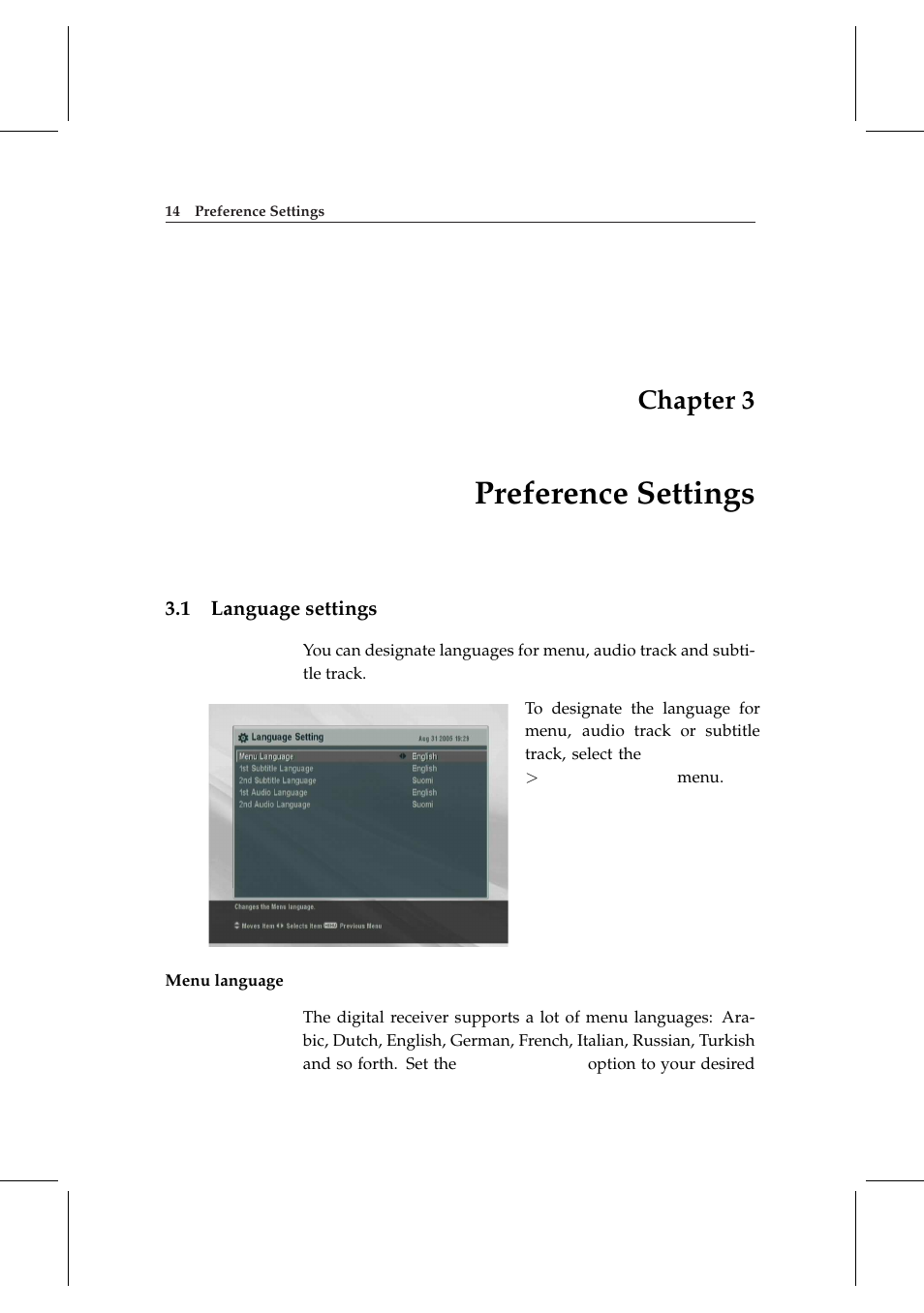 3 preference settings, 1 language settings, Preference settings | Language settings, Chapter 3 | Topfield TF 5000 User Manual | Page 22 / 74