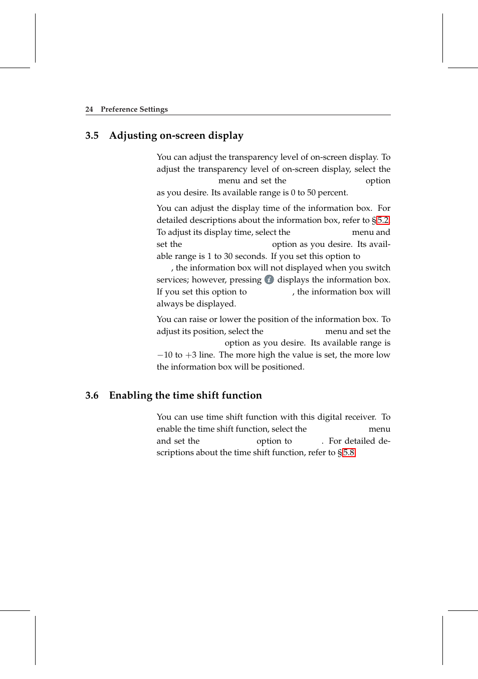 5 adjusting on-screen display, 6 enabling the time shift function, Adjusting on-screen display | Enabling the time shift function | Topfield TF 5000 User Manual | Page 32 / 74