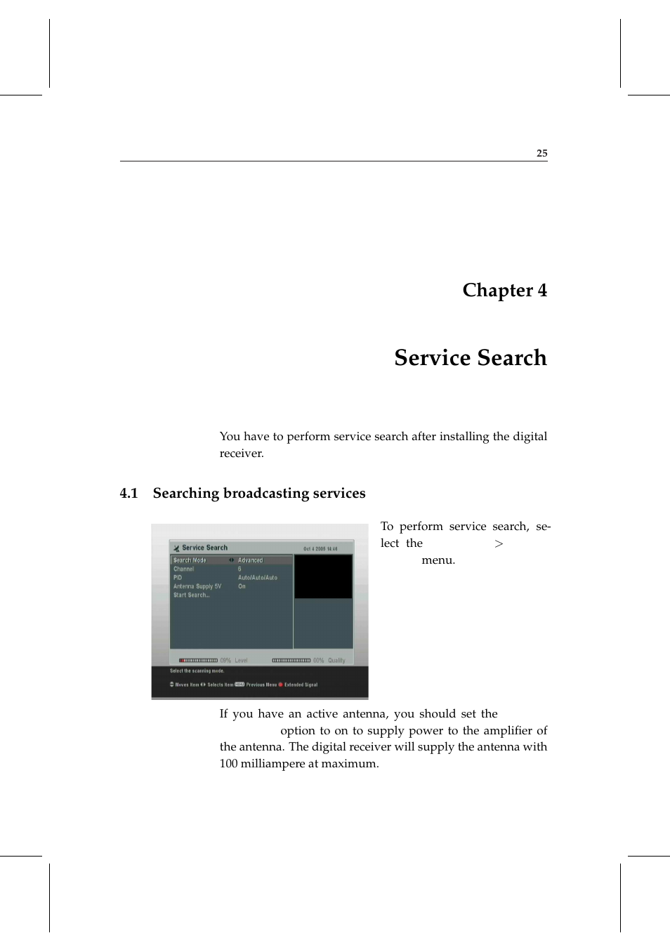 4 service search, 1 searching broadcasting services, Service search | Searching broadcasting services, Chapter 4 | Topfield TF 5000 User Manual | Page 33 / 74