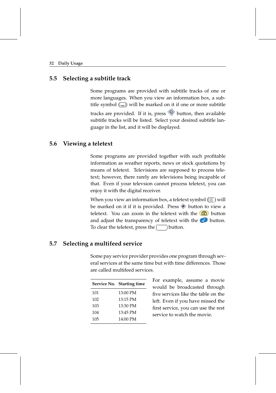 5 selecting a subtitle track, 6 viewing a teletext, 7 selecting a multifeed service | Selecting a subtitle track, Viewing a teletext, Selecting a multifeed service | Topfield TF 5000 User Manual | Page 40 / 74