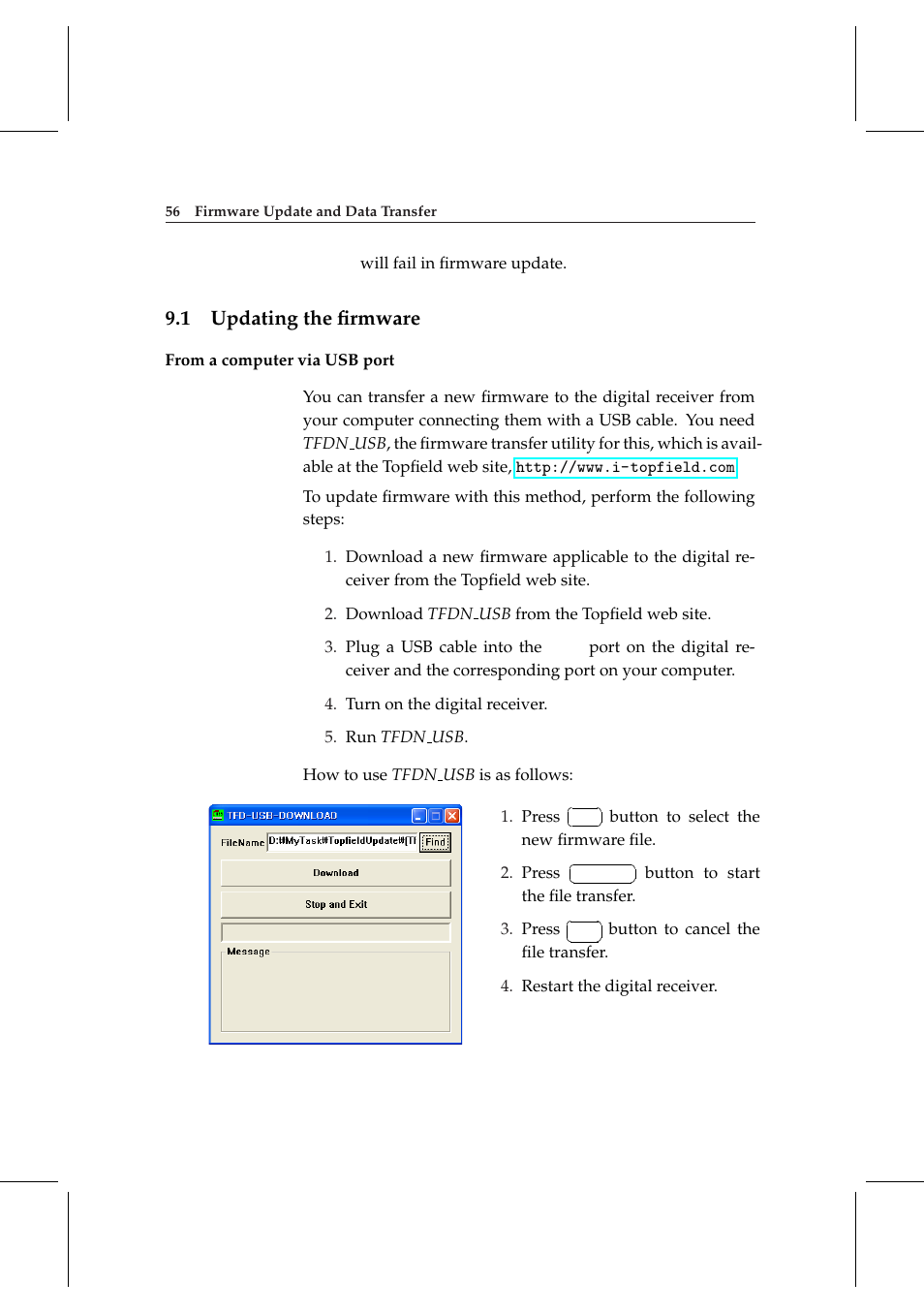 1 updating the firmware, Updating the ﬁrmware | Topfield TF 5000 User Manual | Page 64 / 74