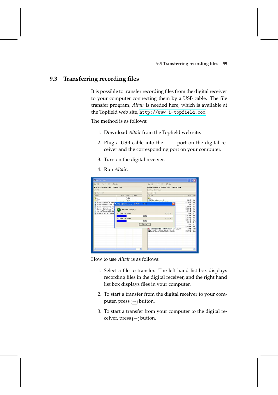 3 transferring recording files, Transferring recording ﬁles | Topfield TF 5000 User Manual | Page 67 / 74