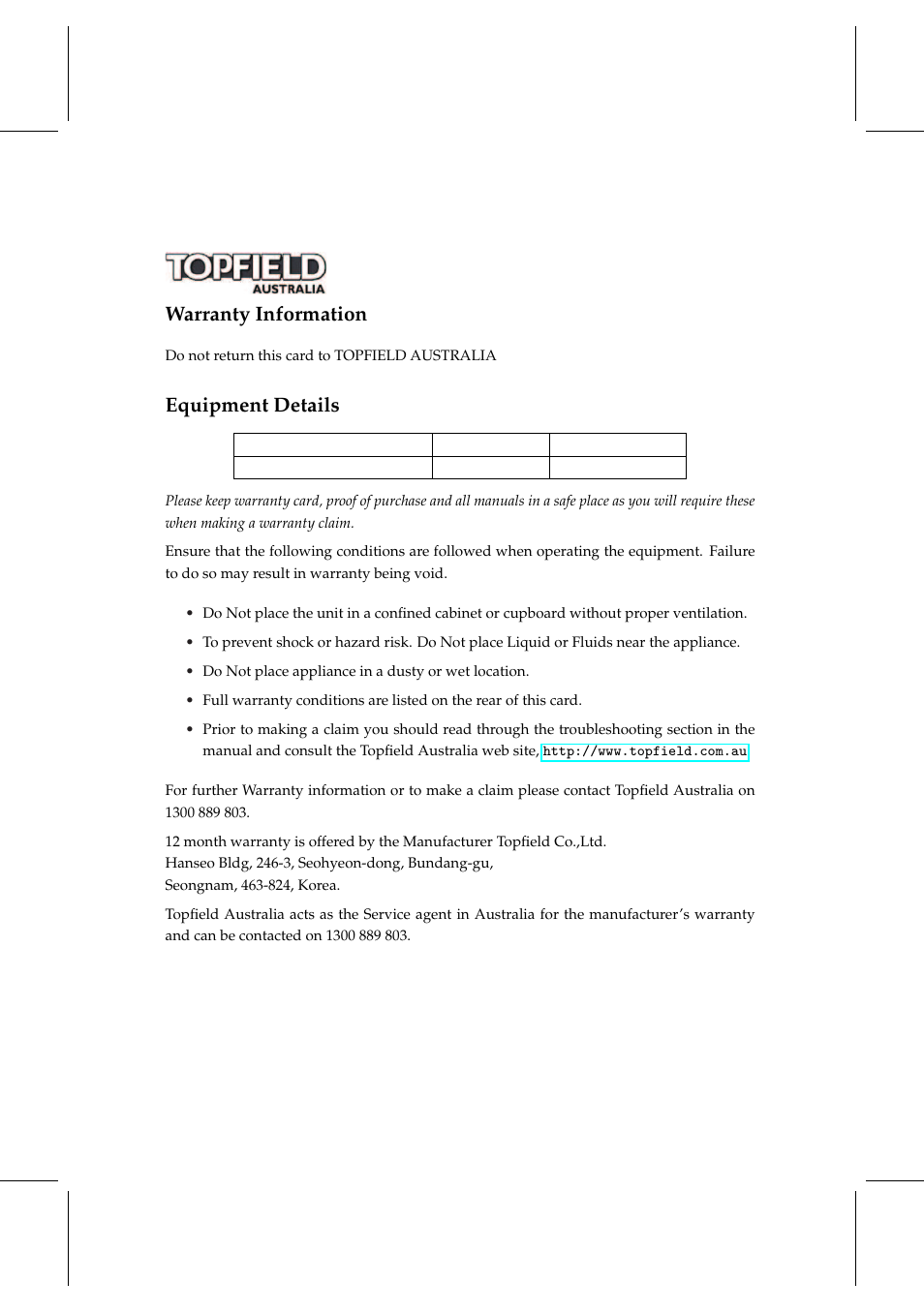 Warranty information, Equipment details | Topfield TF 5000 User Manual | Page 71 / 74