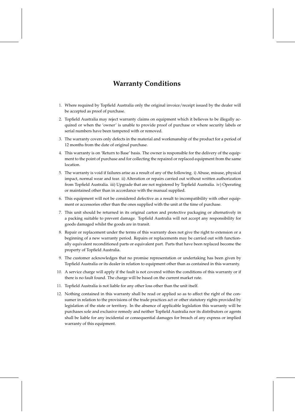 Warranty conditions | Topfield TF 5000 User Manual | Page 72 / 74