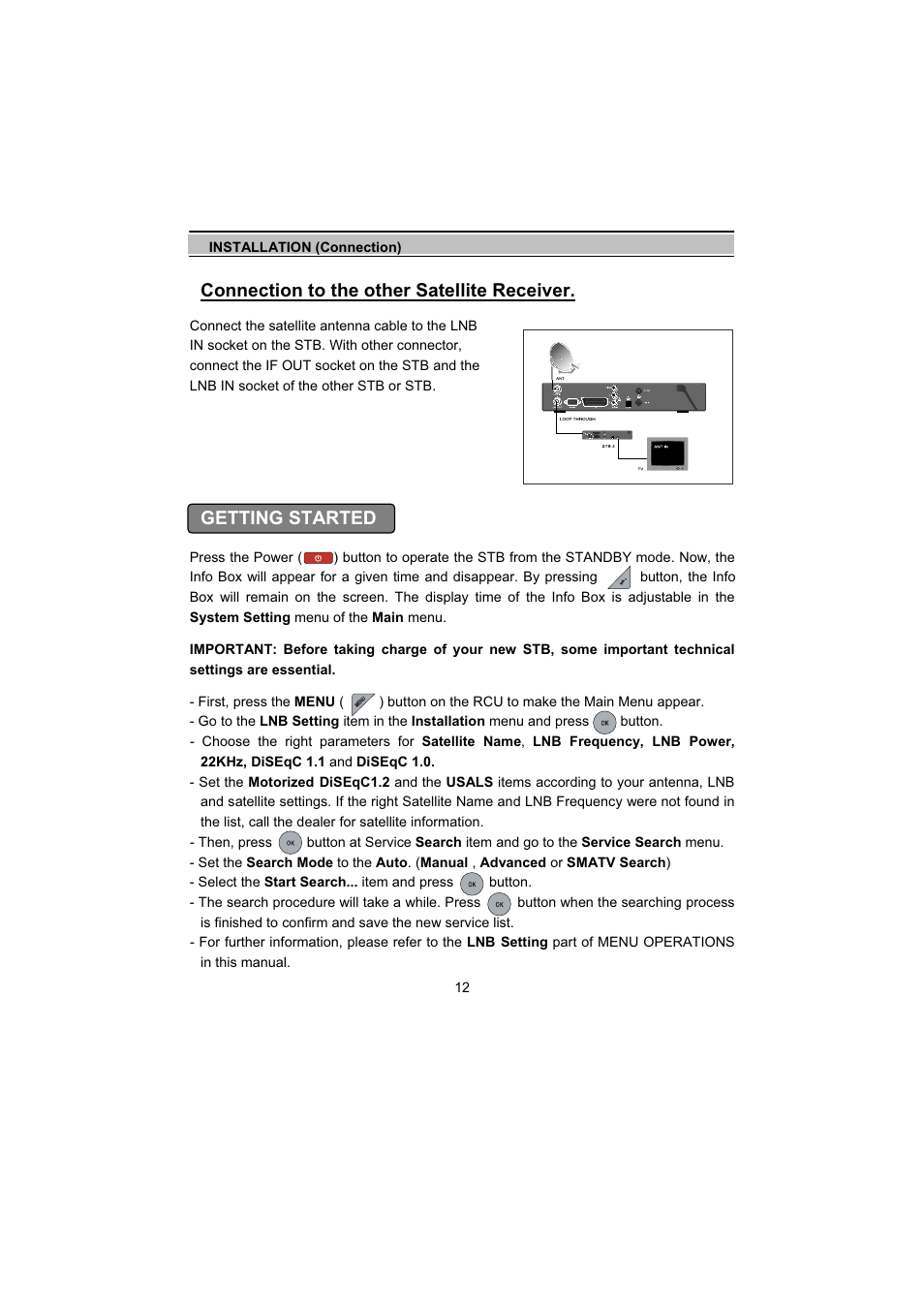 Connection to the other satellite receiver, Getting started | Topfield TF5000Fe User Manual | Page 12 / 45