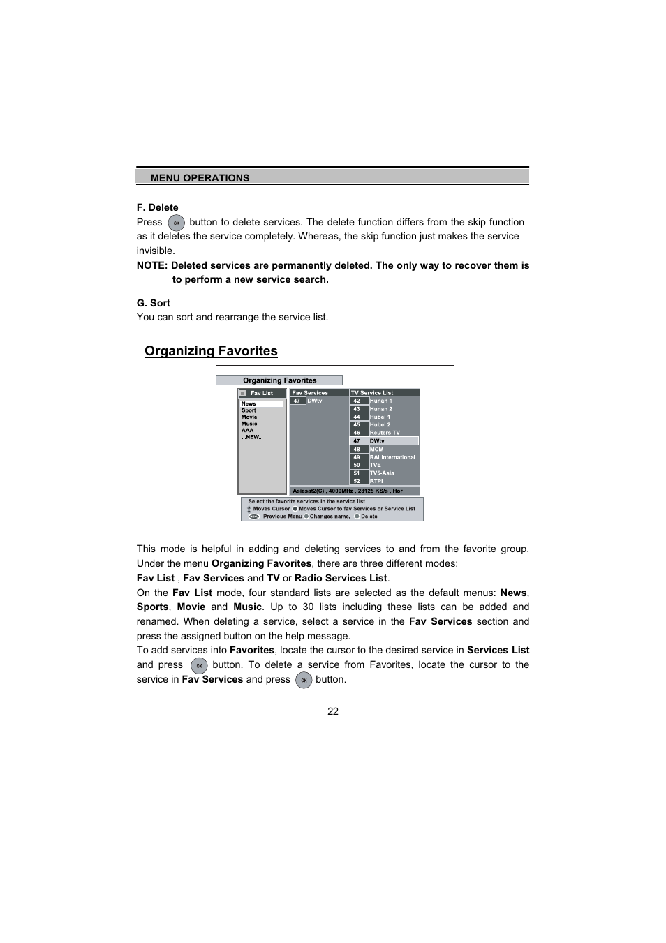 Organizing favorites | Topfield TF5000Fe User Manual | Page 22 / 45